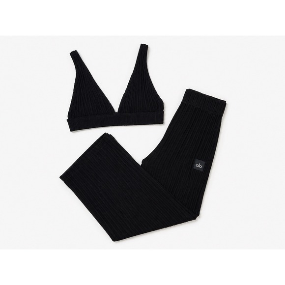 ALO Yoga Dresses & Skirts - Alo Yoga Black Ribbed Knit Bralette and Wide Leg Pants Lounge Set Womens small